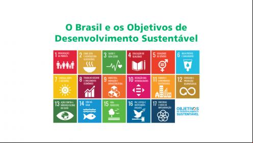 Símbolo dos ODS com a frase "O Brasil e os Objetivos de Desenvolvimento Sustentável" em cima